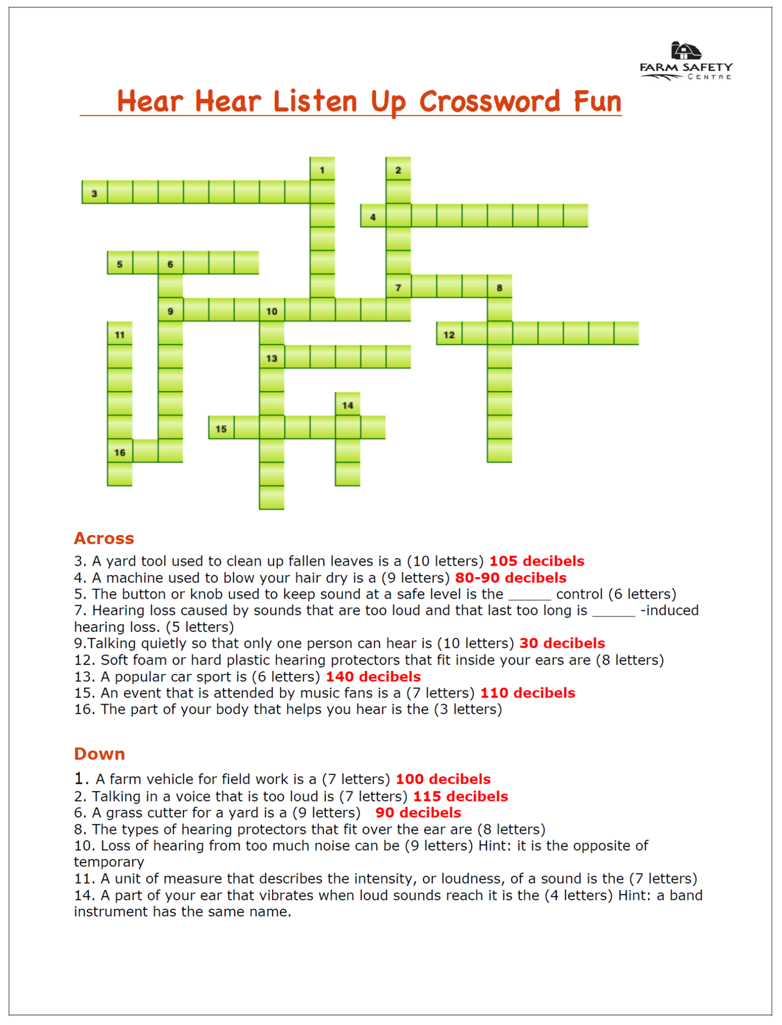 Hearing Safety Crossword Puzzle Farm Safety Centre